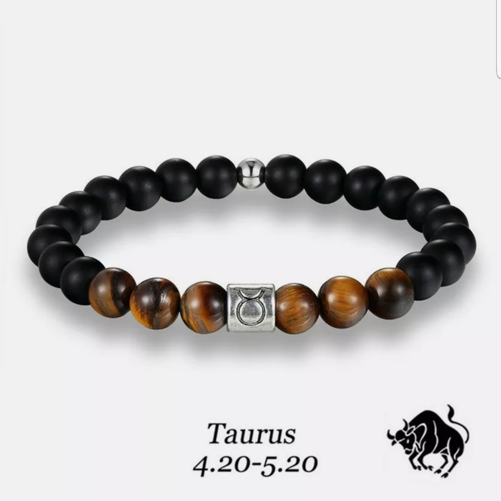 TAURUS ZODIAC TIGER EYE AND BLACK STONE BRACELET